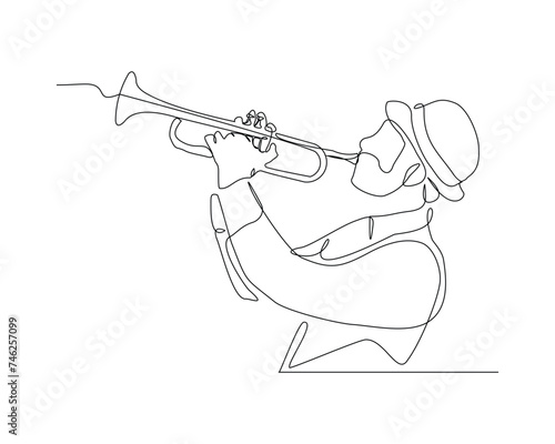 Continuous single line sketch drawing of man musician classic jazz playing trumpet saxophone music instrument. One line classic royal jazz orchestra vector illustration