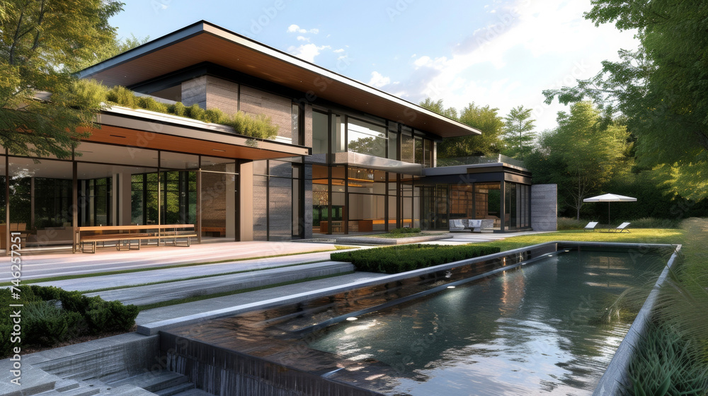 Fototapeta premium This modern masterpiece embraces its natural surroundings with a striking water feature utilizing a combination of gl and natural elements to create a contemporary oasis.