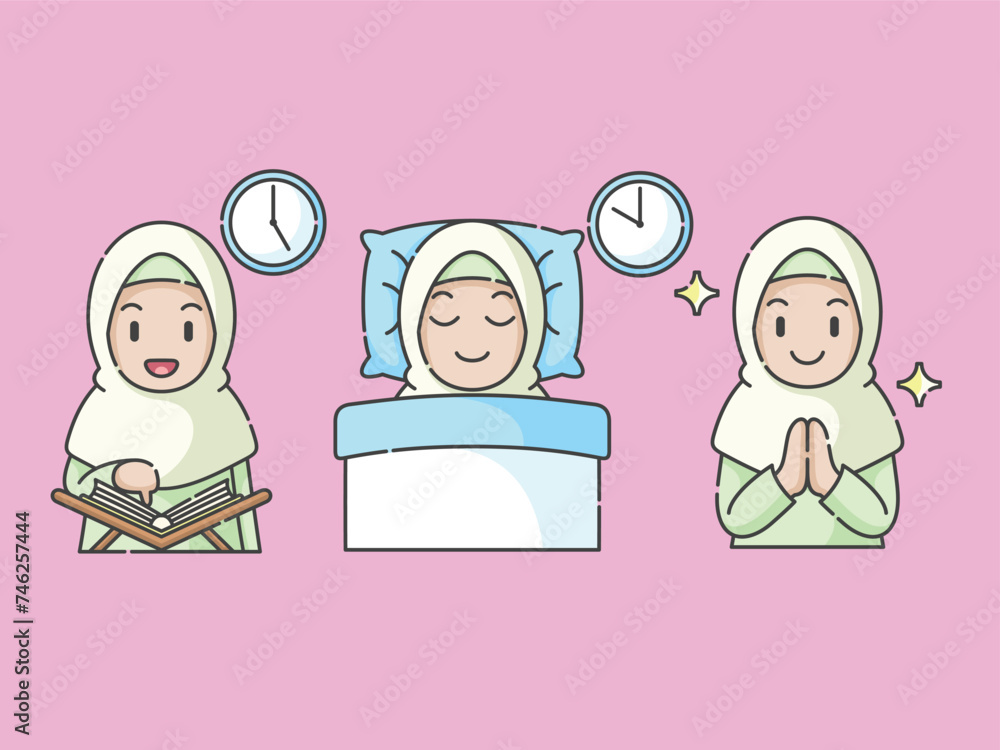 Ramadan activity girl vector arts. Islamic activities in daily life. Cartoon character for kids Ramadan activity girl vector arts. Islamic activities in daily life. Cartoon character for kids