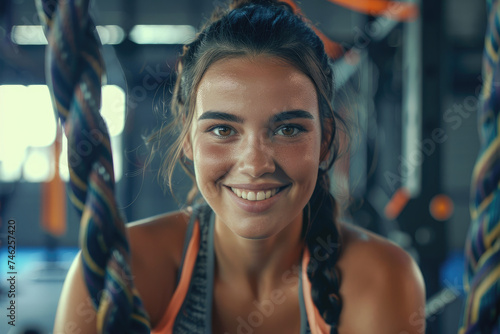 Happy athletic woman during sports training in gym