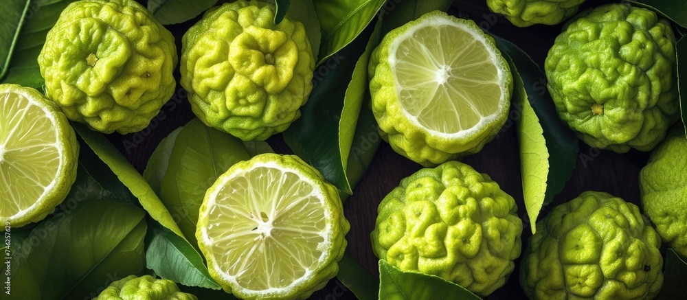 The photo depicts a cluster of limes with their green leaves arranged around them. The vibrant colors and textures of the fruit and foliage are showcased in this close-up shot. The photo depicts a cluster of limes with their green leaves arranged around them. The vibrant colors and textures of the fruit and foliage are showcased in this close-up shot.