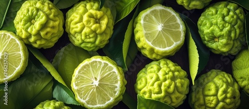 The photo depicts a cluster of limes with their green leaves arranged around them. The vibrant colors and textures of the fruit and foliage are showcased in this close-up shot.
