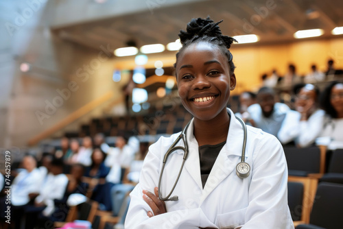 Happy black medical student in amphitheater looking at camera