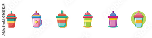 Sippy cup icon set, Baby cup bottle isolated on white background.  Coffee Cup Vector Icon, paper cup with drinking straw.