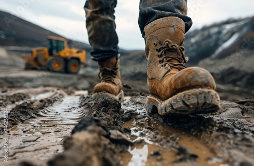 Close-up of construction worker's boots walking through mud with a yellow excavator in the background at the construction site