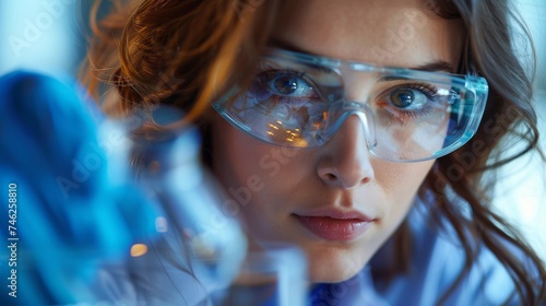 Female scientist in lab coat and protective goggles conducting experiments in laboratory