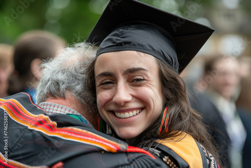 Happy graduate student embraces her father after graduation ceremony