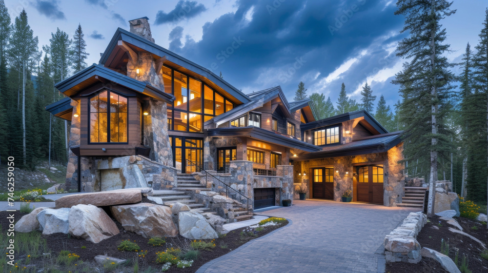 Naklejka premium This mountain home takes full advantage of its location with a design that seamlessly blends into the surrounding nature. The use of stone and wood materials along with large