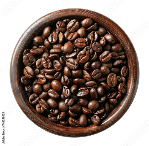 Wooden bowl with coffee beans isolated on transparent background, top view