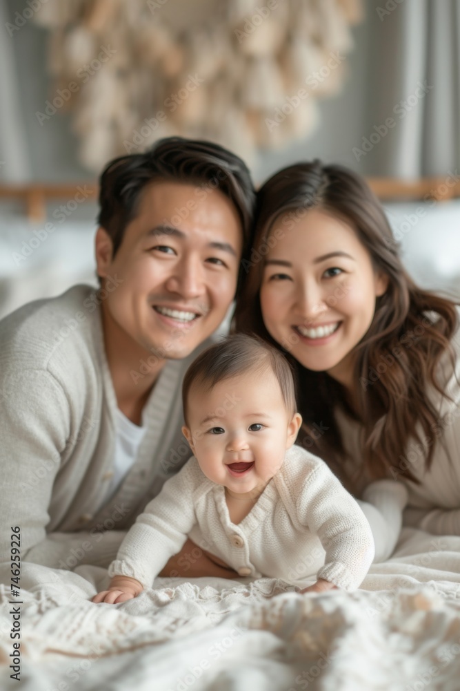 A man and a woman are laying on a bed with a baby between them, bonding and relaxing together