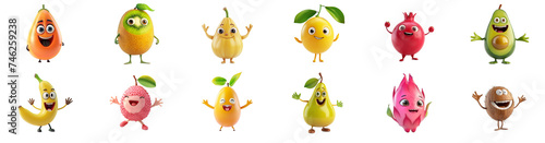 Collection of cute cartoon fruits with happy faces isolated on a transparent background, ideal for educational materials, children's content, and healthy eating promotions photo