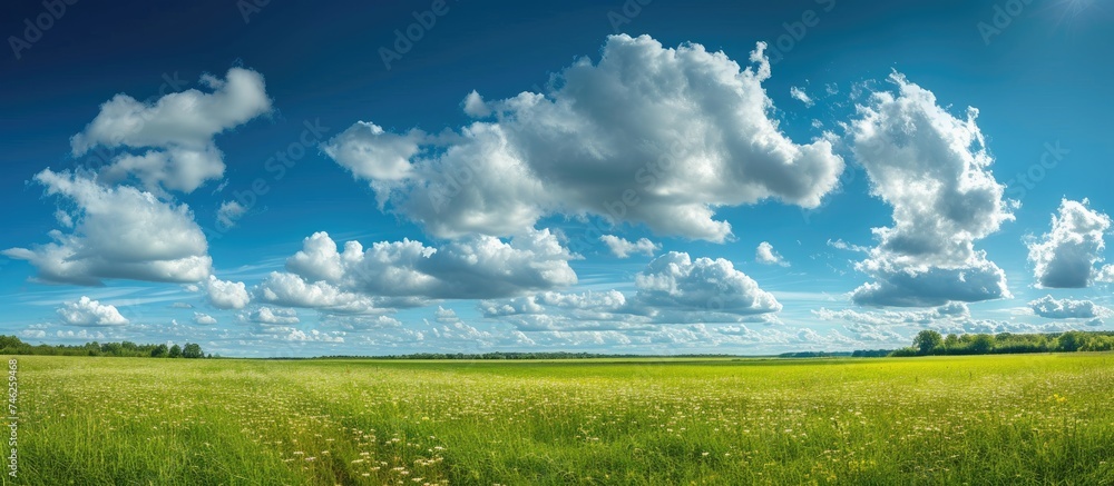 A breathtaking view of vast summer fields meeting the enchanting dance of puffy clouds across the horizon.
