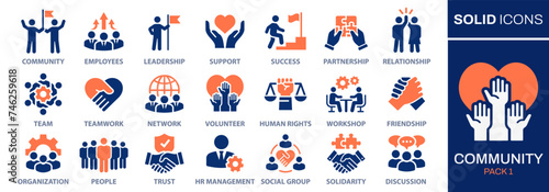 Community icon set. Collection of people, team, partnership, success and more. Vector illustration. Easily changes to any color.