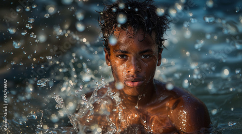 Young black boy in water looking serious at camera
