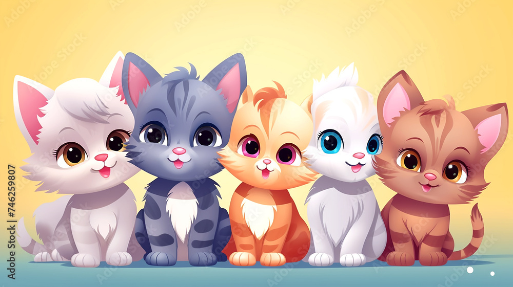 Fototapeta premium cartoon kittens characters friends together for children friendship and play time happy joy as wide banner or poster for daycare and kindergarten and kids