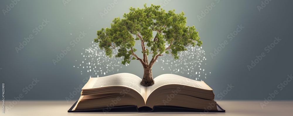 an open book with a tree growing in the middle of the book. education and growth concept. - obrazy, fototapety, plakaty 
