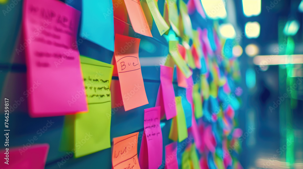 Many different colorful sticky notes on wall in office. Office work or reminder concepts. Many different colorful sticky notes on wall in office. Office work or reminder concepts.