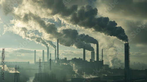 Industrial factory pollution smokestack exhaust gases. Industry zone  thick smoke plumes. Climate change  ecology concept.