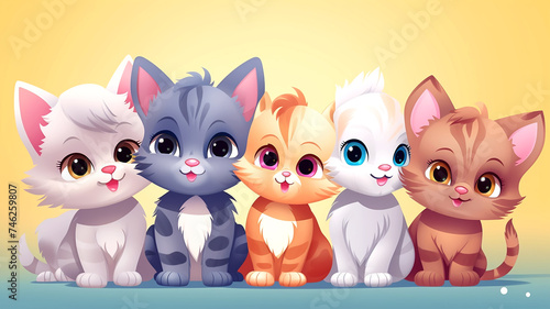 cartoon kittens characters friends together for children friendship and play time happy joy as wide banner or poster for daycare and kindergarten and kids