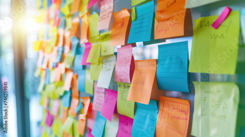 Many different colorful sticky notes on wall in office. Office work or reminder concepts. photo