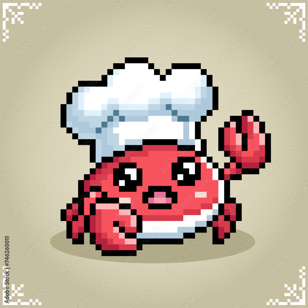 Vetor de Crab wearing chef hat in 8 bit pixel art. Animals in vector ...