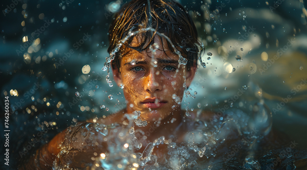 Boy with blue eyes wet in water looking at camera sad