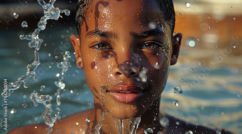 Young brunette black girl with brown eyes in water looking at camera