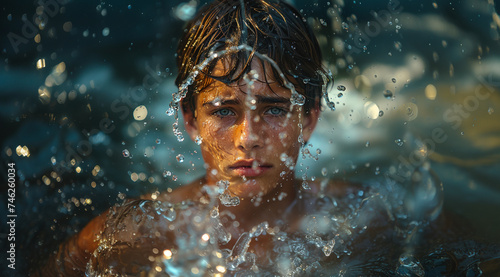 Boy with blue eyes wet in water looking at camera sad © F13