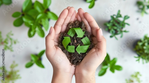 Embracing Recycling - Human hands cradling soil with a vibrant green recycling symbol crafted from leaves, representing human commitment to recycling and the circular economy for environmental sustain