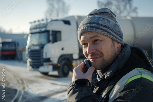 Happy truck driver using cell phone on parking lot and looking at camera