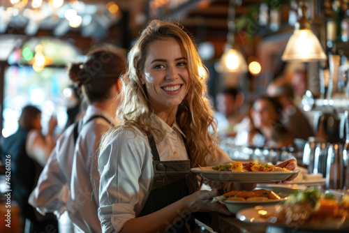 Happy waitress serving food to group of friends in pub