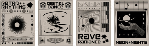 Y2k aesthetic science banners. Vector illustration of retrowave style posters with wireframe hand, planet globe, landscape shapes on gray background, retro futuristic vibe art, 90s aesthetic flyers