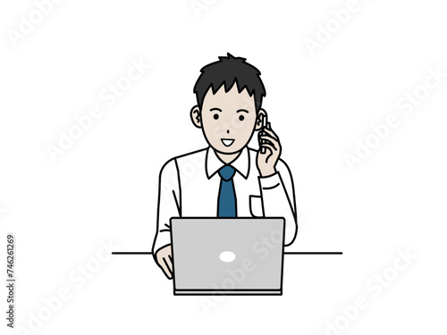 パソコン作業をして働く若い会社員の男性のイラスト