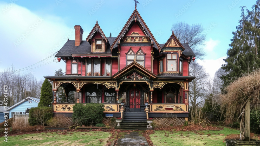 Prepare to be awestruck by the striking features of this Victorian Gothic Revival home including intricate woodwork steep gables and a color scheme that evokes a sense of Prepare to be awestruck by the striking features of this Victorian Gothic Revival home including intricate woodwork steep gables and a color scheme that evokes a sense of