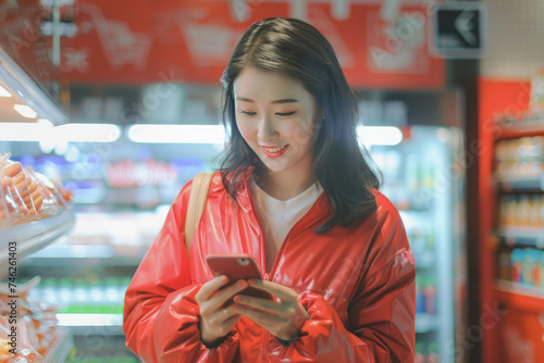 Happy woman using reminder app on smart phone while shopping in supermarket