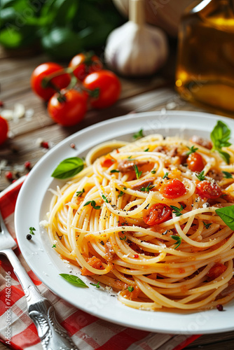 Delicious pasta with anchovies, tomatoes and spices