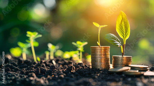Growing Investments: A Vibrant Image of Plants Sprouting from Coins in Soil, Symbolizing Financial Growth and Sustainable Wealth photo