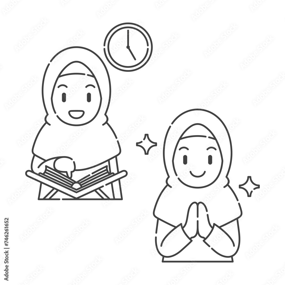 Ramadan activity girl vector arts. Islamic activities in daily life. Cartoon character for kids Ramadan activity girl vector arts. Islamic activities in daily life. Cartoon character for kids