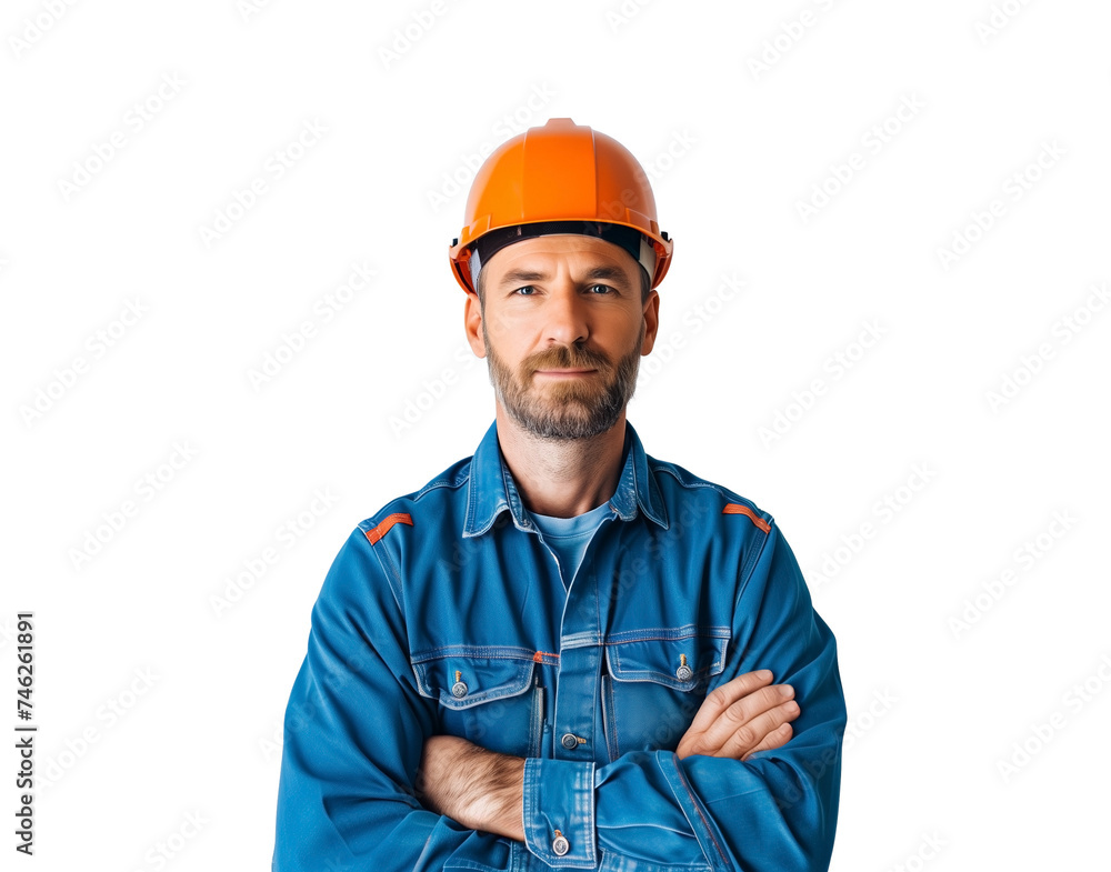 Confident male worker in blue uniform and orange hard hat, Caucasian ethnicity, with arms crossed, isolated on a transparent background Confident male worker in blue uniform and orange hard hat, Caucasian ethnicity, with arms crossed, isolated on a transparent background