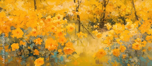 A detailed painting capturing the essence of vibrant yellow flowers blooming in a forest setting. The colors and details bring the scene to life, showcasing the beauty of nature.