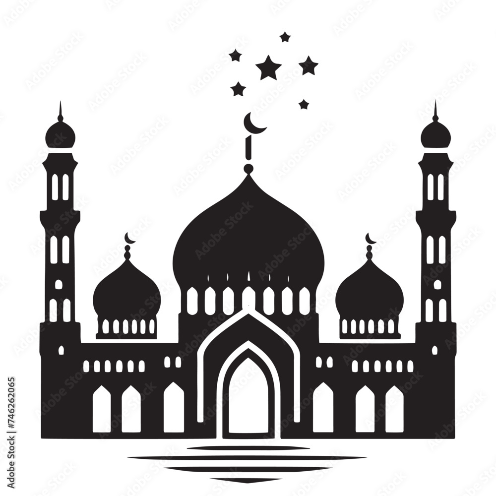 Sacred Silhouette: Vector Mosque - A Reverent Icon of Faith, Peace, and Spiritual Serenity in Elegant Shadows. Vector Mosque Silhouette