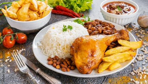 Comida brasileira. Prato com coxa de frango, arroz branco cozido, batata frita e salada.