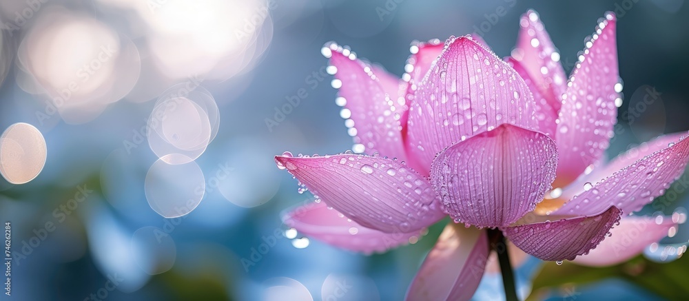 Fototapeta premium A pink lotus flower glistens with water droplets, each poised to cascade down its delicate petals. The vibrant hue of the flower is enhanced by the sparkling droplets, creating a visually striking