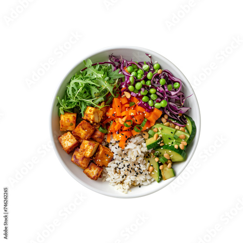 Healthy vegan poke bowl with tofu, avocado, rice, carrot, cucumber, red cabbage, and edamame isolated on a transparent background, suitable for clean eating and nutrition concepts