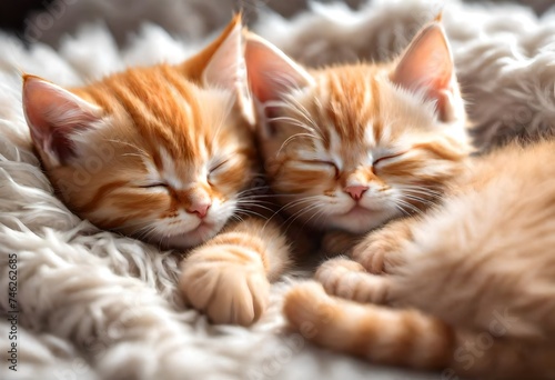 Ginger Kittens Sleeping on a fur Blanket. Concept of Happy Adorable Cat Pets