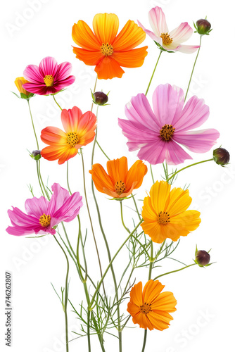 Colorful Cosmos flowers with vibrant pink, orange, and yellow petals isolated on a transparent background, suitable for spring and gardening concepts © Transparent AI