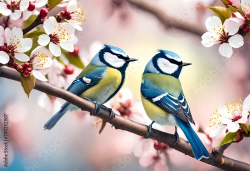 blue tits on cherry tree branch in spring garden, nature background with little birds