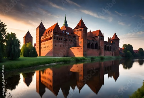 The Castle of the Teutonic Order in Malbork by the Nogat river at dusk. Poland photo