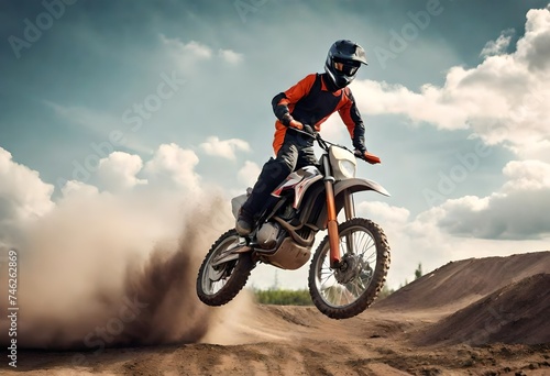 Sky, jump and man on off road motorbike for practice, training and extreme sports energy in nature. Professional dirt