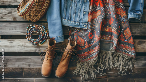 A casual and effortless outfit with a flowy tribal print dress denim jacket and ankle boots accessorized with a fringed bag and beaded bracelets perfect for a spontaneous photo